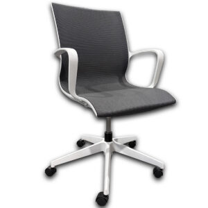 Used Global Solar Conference Chair In Grey W/ White Frame Used Global Solar series conference chair featuring a grey mesh back and seat paired with a white frame. The lightweight design includes integrated arms, swivel functionality, and casters, making it a practical choice for conference rooms, training areas, and collaborative workspaces. Grey mesh seat & back Seat height adjustment Fixed arms Swivel base with casters for mobility Dimensions: Overall: 23" W × 27" D × 35.5"–39" H Seat: 19" W × 19" D × 19" H Ideal for conference rooms, meeting spaces, touchdown areas, and collaborative office environments.