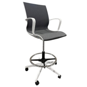 Used Global Solar Drafting Stool In Grey W/ White Frame  Used Global Solar drafting stool featuring a grey mesh back and seat integrated fixed arms, and an elevated height-adjustable base with foot ring. The stool is designed for use at drafting tables, standing-height workstations, and collaborative environments where elevated seating is required. Height-adjustable drafting stool configuration Grey mesh back and seat Integrated fixed arms Foot ring and caster base  Dimensions: Overall: 23" W × 23" D × 42"–50" H Seat: 19" W × 19" D × 19" H Ideal for drafting stations, sit-to-stand workspaces, design studios, and collaborative office environments.