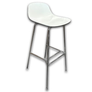 Used White Bar Stool W/ Polished Metal Frame  Used white bar stool featuring a molded seat with integrated backrest and a polished four-leg frame. The elevated seating height and built-in footrest make it well suited for bar-height tables, break areas, cafés, and collaborative spaces.  Molded white seat with integrated backrest polished metal frame with footrest supports Lightweight design for easy placement Commercial-grade construction Dimensions: Overall: 16" W × 18.5" D × 38" H Seat: 17.5" W × 11" D × 28.5" H Ideal for breakrooms, cafés, bar-height meeting areas, collaborative workspaces, and hospitality environments.