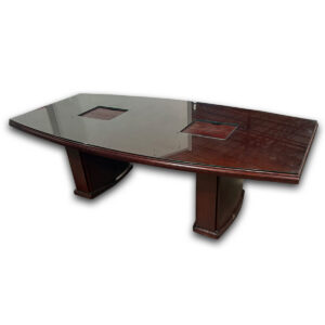 Used 95" Mahogany Boat Shaped Conference Table W/ Two Power Boxes Used traditional conference table featuring a mahogany finish, boat shaped top, and two integrated power modules. The large work surface provides space for team meetings, presentations, and collaborative discussions while keeping power access within reach. Boat shaped conference top Two integrated power boxes Mahogany finish Commercial-grade construction Dimensions: 95" W × 47" D × 29" H Ideal for conference rooms, executive meeting spaces, and collaborative work environments.