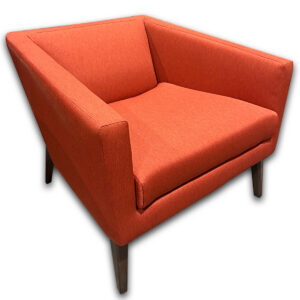 Used 36"W Sunset Orange Lounge Chair Used lounge chair upholstered in sunset orange fabric with a fully enclosed arm design and wood legs. The wide seat and supportive back provide a comfortable place for waiting areas, collaborative spaces, and private offices. Sunset Orange fabric upholstery Fully enclosed arm design Wood legs Commercial-grade construction Dimensions: 36" W × 28" D × 46" H Ideal for reception areas, lounge spaces, private offices, and collaborative environments.