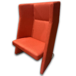 Used 36" W Sunset Orange High Back Lounge Chair W/ Polished Metal Sled Base Used high back lounge chair upholstered in orange fabric with privacy-style side wings and a polished metal sled base. The tall back and enclosed design help create a more focused seating area for conversations, individual work, or waiting spaces. High back privacy-style design Sunset orange fabric upholstery Polished metal sled base Commercial-grade construction Dimensions: 36" W × 28" D × 46" H Ideal for reception areas, collaborative spaces, private offices, and lounge environments.