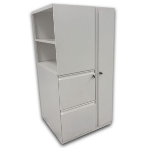 Used 24" W Metal Wardrobe Storage Cabinet - White Used white metal wardrobe storage cabinet featuring an open shelving section, enclosed wardrobe compartment, and lower locking file drawers. This multifunction storage unit combines shelving, filing, and hanging storage into a single cabinet, making it ideal for organizing office supplies, personal belongings, and documents. Open upper shelving for frequently used items Full-height wardrobe compartment with locking door Two locking file drawers for secure document storage Dimensions: 24" W × 24" D × 66" H This used storage cabinet is mainly for commercial use and is ideal for private offices, administrative workspaces, healthcare facilities, and educational environments where secure, organized storage is needed.