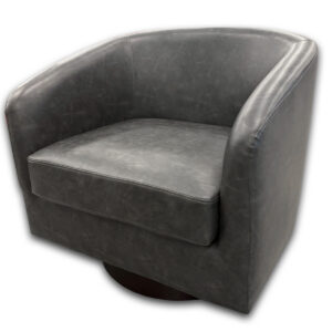Used Vinyl Swivel Lounge Chair - Grey  Used grey swivel lounge chair featuring a wraparound barrel back, smooth swivel base, and generously cushioned seat. Upholstered in durable faux leather with a contemporary profile, this lounge chair offers comfortable seating for reception areas, private offices, and collaborative spaces. Smooth swivel base Wraparound barrel back for supportive seating Thick seat cushion Durable grey faux leather upholstery Dimensions: 27.5" W × 24" D × 25" H This used lounge chair is mainly for commercial use and is ideal for reception areas, executive offices, waiting rooms, lounges, and collaborative workspaces.