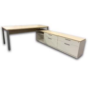 Gallery Used 72" W Herman Miller Two Tone Desk W/ Open Shelf Lateral File Return - White & Maple