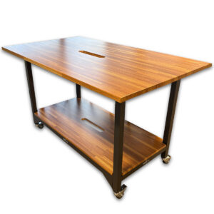 Used 72" W Varidesk Rolling Worktable - Butcher Block  Used Varidesk rolling worktable featuring a spacious butcher block laminate worksurface, matching lower storage shelf, and heavy-duty locking casters for easy mobility. Its standing-height design makes it ideal for collaborative work, equipment staging, and flexible workspaces. Butcher block laminate top and lower shelf Heavy-duty locking casters for mobility Durable frame  Integrated cable pass-through cutouts on both shelves Dimensions: 72" W × 42" D × 42" H This used rolling worktable is mainly for commercial use and is ideal for collaborative workspaces, maker spaces, training rooms, break areas, and equipment staging.