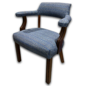 Used Blue Patterned Guest Chair - Espresso Legs The Used Blue Patterned Guest Chair with Espresso Legs provides comfortable seating for guests, waiting areas, and meeting spaces. Its upholstered seat and back offer lasting comfort, while the solid wood frame with espresso finish delivers reliable support for everyday commercial use. Upholstered seat and back with blue patterned fabric Solid wood frame with espresso finish and integrated armrests Padded Arms Dimensions: 26.5" W × 18" D × 30.5" H Mainly for commercial use, this used guest chair is ideal for reception areas, private offices, conference rooms, healthcare facilities, and waiting rooms.