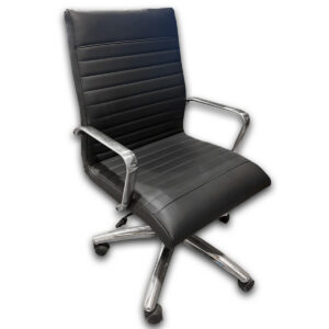 Used Black Vinyl Conference Chair with Polished Metal Frame This sleek conference chair combines comfort and functionality with a polished metal frame, seat height adjustment, and tilt lock for added support during meetings. Black vinyl upholstery Polished metal frame Seat height adjustment Tilt lock feature Ideal for conference rooms and private offices.