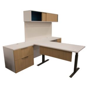 Used Knoll Reff Profiles Height Adjustable Desk W/ Credenza Lateral Pedestal Combo & Wall Mounted Overhead W/ Tack Board