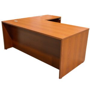 72" W Cherry Laminated L-shape Desk W/ BBF Pedestal 72" Cherry Laminated L-shape Desk with Box, Box, File Pedestal with silver pull handles & pull-out keyboard tray.  Dimensions:  Desk: 72" W x 36" D x 30"H  Return: 30" W x 22" D x 30"H 