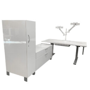 Gallery Used Allsteel 58" W White Height Adjustable Desk With Dual Monitor Arms & Storage