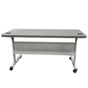 Used 60" W National Public Seating Charcoal Slate Mobile Flip-Top Training Table This training table features a flip-top design for easy storage and mobility, making it ideal for classrooms, training rooms, or multi-use spaces. The charcoal slate Polyethylene surface is both functional and durable. 60" W flip-top surface for easy storage Mobile design with locking casters Charcoal slate finish Silver frame for a clean, modern look Dimensions: 60"W x 25"D x 30"H Ideal for training rooms, conference spaces, and collaborative learning environments.