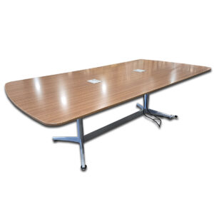 Used 8' Rectangular Conference Table With Power- Light Walnut  This 8-foot conference table features a warm wood finish and sleek metal base, ideal for meeting spaces or collaborative offices includes two power boxes for device charging.  Spacious 8' top comfortably seats up to eight people Two Built-in power boxes Metal base for stability and modern appearance Durable laminate surface for easy cleaning and long-term use Dimensions: 96"W x 48"D x 30"H Perfect for conference rooms, meeting areas, and collaborative work environments.