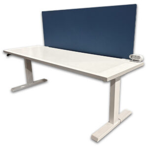 Used 69.5" W Haworth Height-Adjustable Desk W/ Blue Divider and Power Module - White / Blue Haworth electric sit-stand desk in white with integrated blue privacy screen and desktop power, built for focused work and easy device access. Electric height adjustment from 23" to 48" 69.5" wide worksurface for monitors and daily tasks Mounted privacy screen for separation and reduced distraction Desktop power module with outlets and USB ports Smooth single paddle lift system for consistent height changes Dimensions: 69.5"W x 24"D x 23"–48"H Perfect for offices, benching systems, and individual workstations.