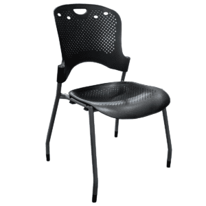 Used 22"W Echo Collection Stacking Chair in Black With Silver Frame The Echo Collection stacking chair features a black seat and back with a breathable design and a waterfall seat edge for added comfort. Its silver frame allows for easy stacking and space-saving storage. Black Plastic Seat & Back Waterfall seat edge for enhanced comfort Stackable design for convenient storage Silver frame Dimensions: 22"W x 20"D x 34"H Perfect for commercial break rooms, training areas, and conference rooms.