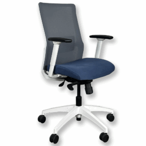 Used Sit On It Novo Task Chair W/ Lumbar Support This ergonomic task chair features a breathable gray mesh back, contoured blue fabric seat, and a clean white frame. With built-in lumbar support, it promotes proper posture and comfort throughout the workday. Gray mesh back with lumbar support Blue upholstered seat White frame Dimensions: 25.1/2"W x 18.3/4"D x 42.1/2"H Ideal for workstations, home offices, or collaborative environments.
