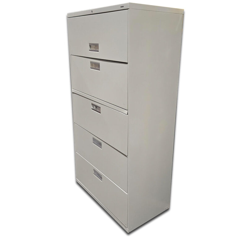 Used 36" W HON 5-Drawer Lateral File Cabinet – White This HON lateral file cabinet provides reliable, high-capacity storage for professional environments. With five drawers and a clean white finish, it’s ideal for organizing files in offices or shared workspaces. 5-drawer lateral file configuration Smooth full-extension drawers with recessed pulls Interlock system prevents tipping by allowing only one drawer to open at a time Heavy-duty steel construction for long-term use Locking top for secure storage Dimensions: 36"W x 20"D x 67"H Perfect for offices, administrative areas, and filing rooms needing secure document organization.