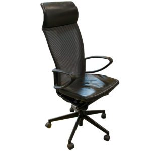 Used Haworth High-Back Mesh-Back Conference Chair in Black W/ Headrest Fixed Loop Arms Haworth Conference Chair in Black W/ Headrest Fixed Loop Arms Haworth Conference Chair in Black, engineered for comfort and efficiency. Featuring a built-in headrest integrated into the mesh back, this chair prioritizes functionality. Fixed loop arms provide stability and support during extended meetings. Dimensions: 23" W x 17" D x 50"H 