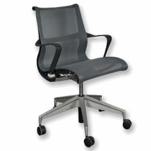 Used Herman Miller Setu Full Mesh Conference Chair in Grey This conference chair from Herman Miller features a breathable full mesh seat and back, offering comfort and flexibility with a modern silhouette. Fixed arms provide stable support during meetings and extended work sessions. Full mesh seat and back Metal "X" Base Fixed arms Lightweight design Dimensions: 24"W x 20.3/8"D x 35"H Ideal for conference rooms, collaborative areas, or executive meeting spaces.