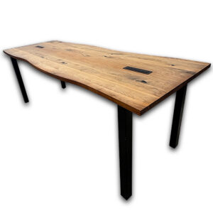 Used 10' Live Edge Standing Conference Table with Dual Power Boxes The Used 10' Live Edge Standing Conference Table with Dual Power Boxes provides a spacious collaborative workspace for standing meetings, team discussions, and presentations. Its live edge wood top creates a distinctive natural work surface, while the integrated power boxes offer convenient access to power and connectivity for laptops and devices. Live edge wood tabletop with a standing-height design Two integrated power boxes for convenient device connectivity Sturdy black metal legs provide reliable support Dimensions: 120" W × 42" D × 42" H Mainly for commercial use, this used standing conference table is ideal for conference rooms, collaboration spaces, executive offices, training rooms, and teamwork areas where standing meetings and easy access to power are desired.