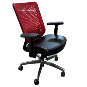 Used Genus Elastomer Task Chair – Red Back with Upholstered Seat Ergonomic task chair designed for comfort and flexibility, featuring a striking red elastomer back, cushioned upholstered seat, and polished aluminum base for a modern finish. Red elastomer back for breathable support Upholstered cushion Carbon frame with polished aluminum base Black hard wheel casters Overall Dimensions: 27.5″W x 27.5″D x 39.75–43.75″H Ideal for private offices, workstations, or collaborative environments.