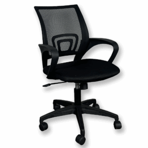 Used Black Mesh-Back Conference Chair with Fixed Arms This conference chair combines breathable mesh-back support with a simple, professional design ideal for collaborative environments. Black mesh back Fixed arms Dimensions: 21.1/2"W x 20"D x 35"H Ideal for meeting rooms and shared office spaces.