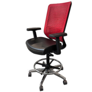Used Genus Elastomer Drafting Chair – Red Back with Upholstered Seat High-performance drafting chair featuring a red elastomer back for breathable support, cushioned upholstered seat, and polished aluminum footring for added stability at elevated work surfaces. Red elastomer back Upholstered cushion Carbon frame with polished aluminum base and integrated footring Black hard wheel casters Overall Dimensions: 27.5″W x 27.5″D, extended drafting height range Ideal for design studios, drafting tables, standing-height desks, and collaborative creative spaces.