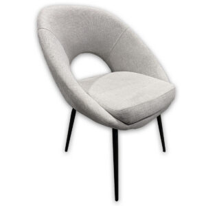 Used Grey Fabric Guest Chair - Black Legs  Grey upholstered guest chair with an open-back design and upholstered seat for guest and lounge seating applications.  Grey upholstered seat and back Sculpted open-back frame design Black metal legs  Padded seat cushion for added comfort Curved wrap-around backrest Dimensions: 25"W x 20"D x 35"H Perfect for lounges, reception areas, private offices, and collaborative spaces.