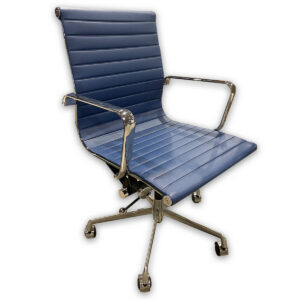 Used Blue Conference Chair W/ Polished Metal Base  Conference chair with ribbed upholstery and polished frame, designed for meeting rooms and executive seating.  Blue Vinyl upholstered seat and back Polished metal frame with matching armrests Height adjustment controls Five-star rolling base for mobility Ribbed cushion design for added support Dimensions: 22"W x 19.5"D x 37"H Perfect for conference rooms, executive offices, and collaborative workspaces.