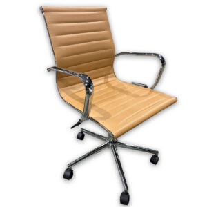 Used Brown Conference Chair W/ Polished Metal Base  Conference chair with ribbed upholstery and polished frame, designed for meeting rooms and guest seating. Brown vinyl upholstered seat and back Polished frame with matching armrests Height adjustment Five-star rolling base Dimensions: 22"W x 19.5"D x 37"H Perfect for conference rooms, executive offices, and collaborative workspaces.