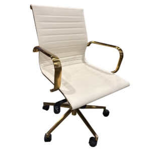 Used Off White Conference Chair - Gold Frame Modern conference chair with ribbed upholstery and polished gold frame designed for conference rooms and executive seating areas. • Off white upholstered seat and back • Polished gold metal frame and base • Fixed loop arms • Ribbed cushion design • Swivel base with casters • Height adjustment Dimensions: 22"W x 19.5"D x 37"H Perfect for conference rooms, executive offices, and meeting spaces.