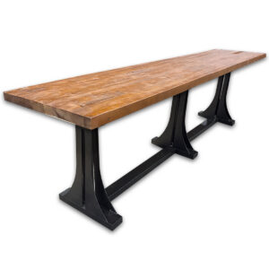 Used 118" W Pine Wood Collaborative Table W/ Black Metal Base Built for shared work and team collaboration, this long worksurface provides plenty of room for multiple users while maintaining a clean, open base for seating on both sides. The solid wood top paired with a steel base makes it a strong option for active work environments. 118" wide worksurface supports multiple users at once Solid pine wood top with natural grain variation Thick surface construction for long term use Black metal base with dual pedestal support Open leg design allows for flexible seating arrangements Ideal height for standing meetings or stools Great for team collaboration, project work, or shared desks Dimensions: 118"W x 27"D x 36"H Perfect for offices, collaborative workspaces, and team environments.