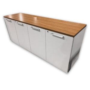 Used 71.5" W Group Laccase Buffet Credenza – Modern Walnut Top/ White Base Two tone modern walnut laminate top paired with a white cabinet base for additional storage and workspace support in professional office environments. Modern walnut laminate top White cabinet base  4 door storage configuration  Locking doors Metal pull handles Commercial-grade construction Dimensions: 71.5"W x 21"D x 29.5"H Perfect for conference rooms, executive offices, and collaborative workspaces.