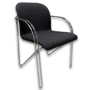 Used Rudd International Stack Chair - Black This used Rudd International stack chair provides practical seating for conference rooms, training areas, waiting rooms, and multi-purpose spaces. The upholstered seat and back offer comfort during extended use, while the stackable design allows for efficient storage when not in use. Black fabric upholstered seat and back Chrome frame with integrated armrests Stackable design for space-saving storage Dimensions: 21.5" W x 22" D x 32" H Recommended Use: Commercial conference rooms, training rooms, reception areas, and general office seating.