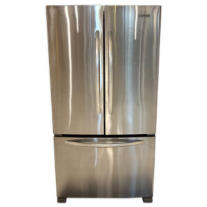 Used Stainless Steel French Door Refrigerator The Used Stainless Steel French Door Refrigerator features dual upper refrigerator doors with a pull-out bottom freezer. Interior shelving, storage drawers, and door bins provide organized storage for food and beverages. French door refrigerator configuration Pull-out bottom freezer drawer Adjustable interior shelving and door storage Dimensions: 36" W × 31" D × 70" H Could be used in commercial or residential settings, including office breakrooms, employee kitchens, and homes.