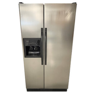 Used Stainless Steel Side-by-Side Refrigerator The Used Stainless Steel Side-by-Side Refrigerator provides separate full-height refrigerator and freezer compartments with convenient interior storage. The built-in door dispenser provides easy access to ice and water. Side-by-side refrigerator and freezer Built-in ice and water dispenser Interior shelving, drawers, and door storage Dimensions: 35.5" W × 29.7" D × 70" H Could be used in commercial or residential settings, including office breakrooms, employee kitchens, and homes.