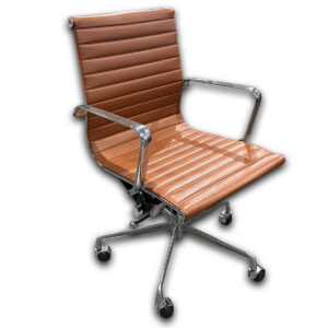Used Brown Vinyl Conference Chair with Polished Metal Frame & Arms Used conference chair featuring brown vinyl upholstery, polished aluminum arms, and a five-star caster base. The ribbed seat and back provide support for meetings, private offices, and executive spaces, while the tilt and height adjustment allow users to customize their seating position. Brown vinyl ribbed seat and back upholstery Polished aluminum frame and fixed arms Five-star base on casters  Dimensions: 21.5"W x 22"D x 36"H This Used conference chair is well suited for conference rooms, executive offices, and collaborative workspaces.