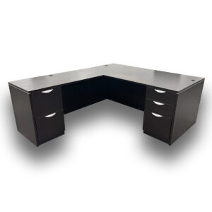 Used 72" W Espresso Laminated L-Shape Desk with BBF & FF Pedestal LH This L-shape desk provides ample workspace with integrated storage, including a box-box-file and file-file pedestal for organization. Left-hand orientation Box-box-file and file-file pedestal for storage Spacious work surface Dimensions: Desk: 72"W x 36"D x 29"H Return: 48"W x 24"D x 29"H Ideal for offices and workstations requiring efficient storage and functionality.