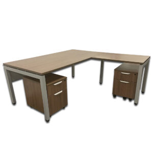 Gallery Used 73"W Walnut L-Shape Desk w/ Modesty Panel & Two Mobile Box/File Pedestals