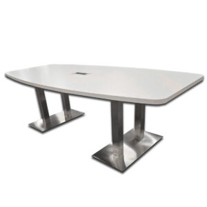 Used 8' Powered Boat-Shaped Conference Table - White W/ Brushed Metal Base This 8-foot conference table combines a modern white surface with a sturdy brushed metal Palmer base for a polished, professional look. Boat-shaped top encourages collaboration and visibility Integrated data box for convenient cable and power access Heavy-duty brushed metal base provides lasting stability Clean white surface suitable for conference and meeting spaces Dimensions: 96"W x 48"D x 30"H Ideal for executive offices, conference rooms, and modern meeting areas.
