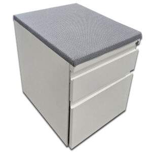 Used Mobile Box, File Pedestal with Grey Cushion Top – White This compact mobile pedestal features a sleek white finish with a padded seat cushion, combining storage and functionality in one convenient design. Two-drawer configuration with box and file drawers Locking mechanism for secure storage Fabric cushion top  Smooth-rolling casters for easy mobility Dimensions: 15"W × 17"D × 22"H Perfect for offices, workstations, and collaborative environments where space efficiency and flexibility are key.