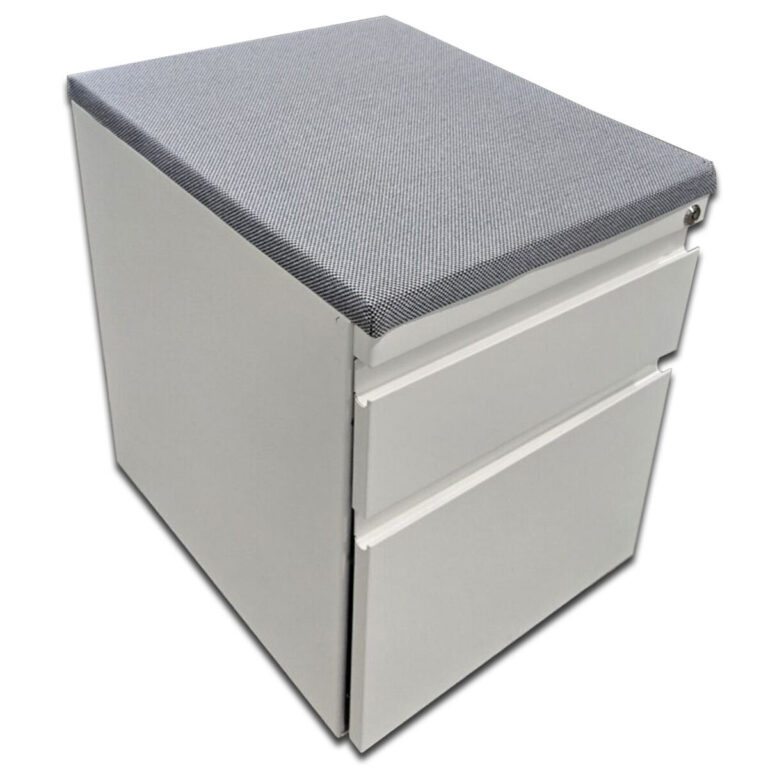 Used Mobile Box, File Pedestal with Grey Cushion Top – White This compact mobile pedestal features a sleek white finish with a padded seat cushion, combining storage and functionality in one convenient design. Two-drawer configuration with box and file drawers Locking mechanism for secure storage Fabric cushion top  Smooth-rolling casters for easy mobility Dimensions: 15"W × 17"D × 22"H Perfect for offices, workstations, and collaborative environments where space efficiency and flexibility are key.