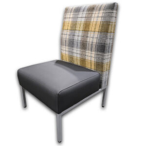Used Pattern Upholstered Plaid Lounge Chair - Dark Grey Used upholstered guest chair featuring a dark grey upholstered seat, patterned plaid high back cushion, and a metal frame. The armless design provides a compact seating solution for reception areas, meeting spaces, waiting rooms, and collaborative environments. High back upholstered backrest for upper body support Dark grey upholstered seat cushion Durable metal frame construction Armless design for flexible placement and spacing Dimensions: 24" W × 26" D × 40.5" H This Used guest chair is well suited for reception areas, conference spaces, private offices, and lounge seating applications.
