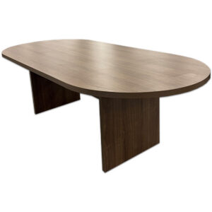 Used Walnut Racetrack Conference Table The Used Walnut Racetrack Conference Table provides a large meeting surface for conferences, presentations, and team discussions. The racetrack-shaped top provides seating around the perimeter and is supported by two panel bases. Racetrack-shaped conference table top Two panel bases for support Large surface for group meetings and presentations Dimensions: 94.5" W × 43.5" D × 29.5" H Mainly for commercial use. Recommended for conference rooms, meeting rooms, executive offices, and team collaboration spaces.
