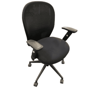 Used SitOnIT Mesh-Back Task Intensive Chair In Black W/ Upholstered Black Seat Used SitOnIT Mesh-Back Task Chair in Black with an Upholstered Black Seat. This chair offers comfort and support with its breathable mesh back and cushioned seat. Perfect for long hours at the desk, it provides ergonomic comfort while maintaining a professional look in your workspace.