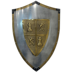 Used Medieval Decorative Shield with Lion & Castle Crest The Used Medieval Decorative Shield features a silver-toned surface with gold trim and a raised central crest displaying lions and castle emblems. This medieval-inspired shield is intended for decorative display and works well as a collectible or wall-mounted accent piece. Raised central crest featuring lions and castle emblems Silver-toned surface with gold trim and decorative rivets Pointed shield design with black corner accents Dimensions: - 18" W × 25" H This used decorative shield could be commercial or residential. Recommended for themed restaurants, offices, entertainment spaces, personal collections, or wall displays. Intended for decorative purposes only, not functional use.