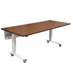 W Corporate Walnut Mobile Height Adjustable Desk W/ Modesty Panel In White