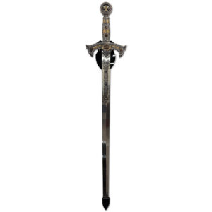 Used Medieval Decorative Sword with Gold & Silver Accents The Used Medieval Decorative Sword features an ornate handle, detailed blade engravings, and gold and silver accents. This decorative sword is intended for display and works well as a collectible or decorative piece. Ornate handle with decorative crossguard and circular pommel Engraved blade Includes black wall-mounted display holder Dimensions: 10" W × 46" H This used decorative sword could be commercial or residential. Recommended for themed restaurants, offices, entertainment spaces, personal collections, or wall displays. Intended for decorative purposes only, not functional use.