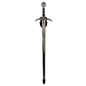 Used Medieval Decorative Sword with Black & Gold Accents The Used Medieval Decorative Sword features a black handle with gold accents, an engraved blade, and an ornate crossguard. This decorative sword is intended for display and works well as a collectible or decorative piece.  Black handle with gold accents and circular pommel  Engraved blade with decorative detailing  Includes black wall-mounted display holder Dimensions: 10" W × 46" H This used decorative sword could be commercial or residential. Recommended for themed restaurants, offices, entertainment spaces, personal collections, or wall displays. Intended for decorative purposes only, not functional use.