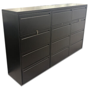 Used Black 4-Drawer Lateral Filing Cabinets – Set of 3 The Used Black 4-Drawer Lateral Filing Cabinets – Set of 3 provide organized storage for documents, files, and office supplies. This set includes three matching metal filing cabinets with four drawers each, offering a total of 12 drawers for managing paperwork and office records. Three 4-drawer lateral filing cabinets with 12 total drawers Locking drawers for securing documents and files Metal construction with recessed drawer handles Dimensions: Overall Set: 90" W × 18" D × 52" H Mainly for commercial use in offices, administrative departments, filing rooms, and other professional environments requiring organized document storage.